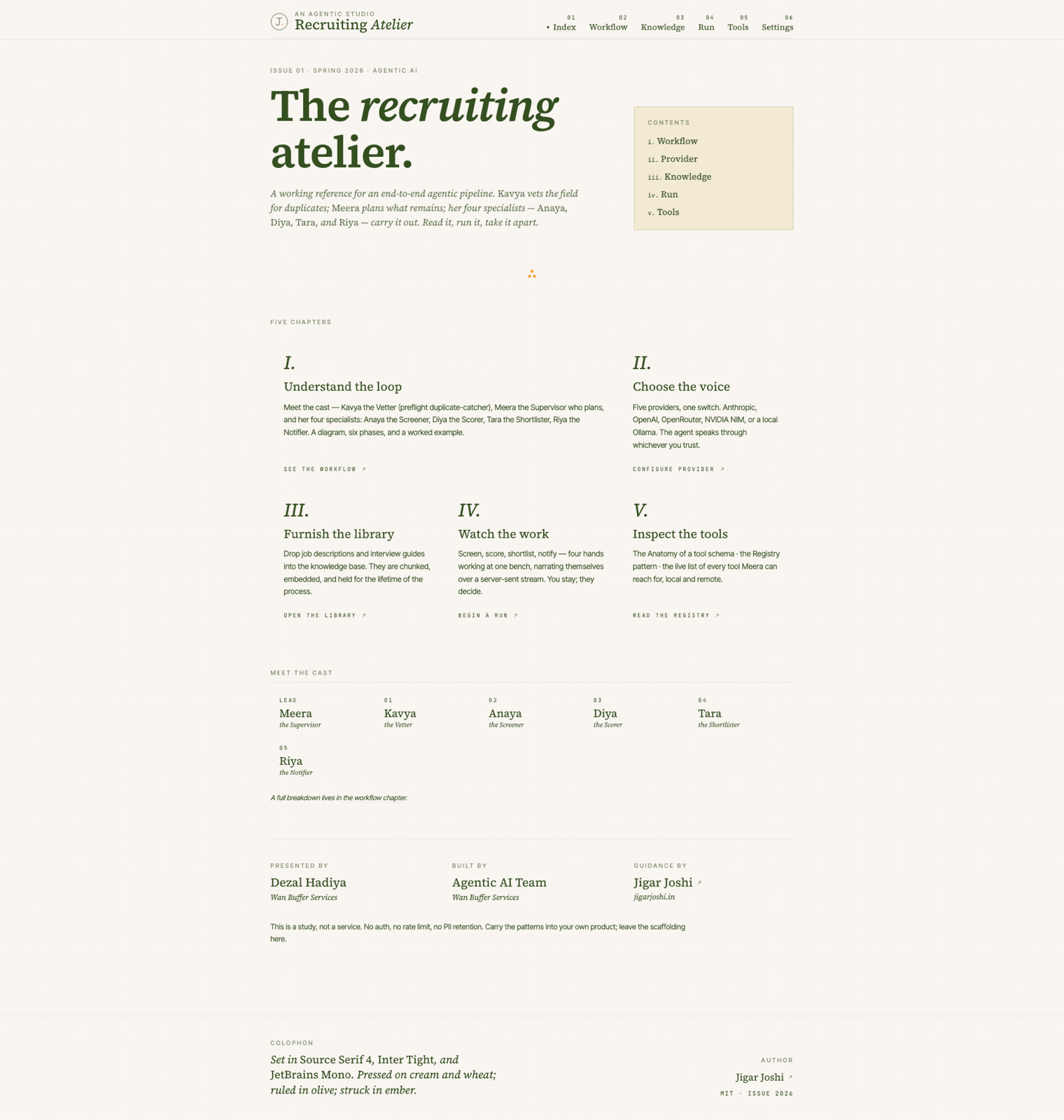 Recruiting Atelier home page with the five chapters and the cast of agents