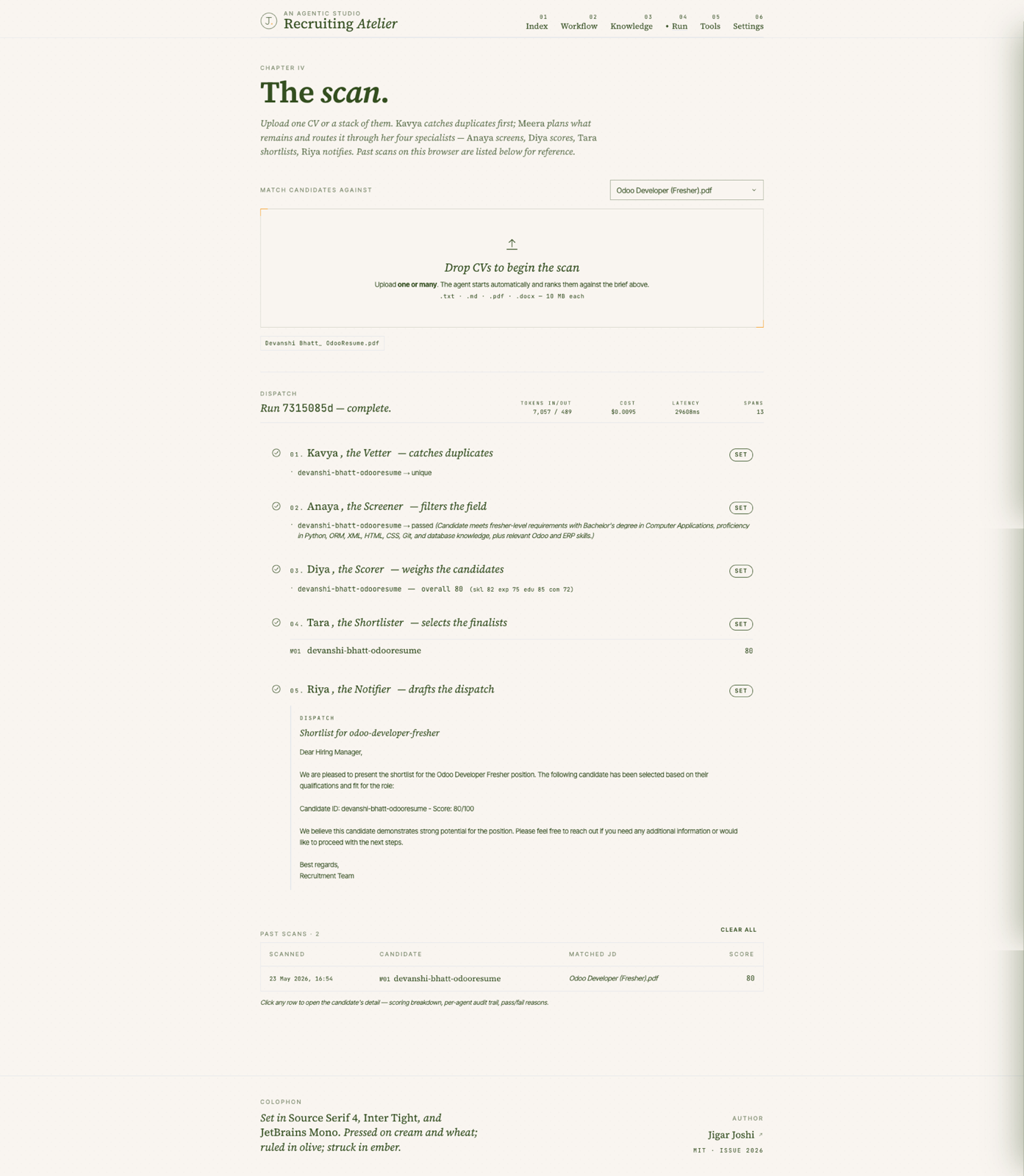 The scan page with five agents showing status pills and a past scans table