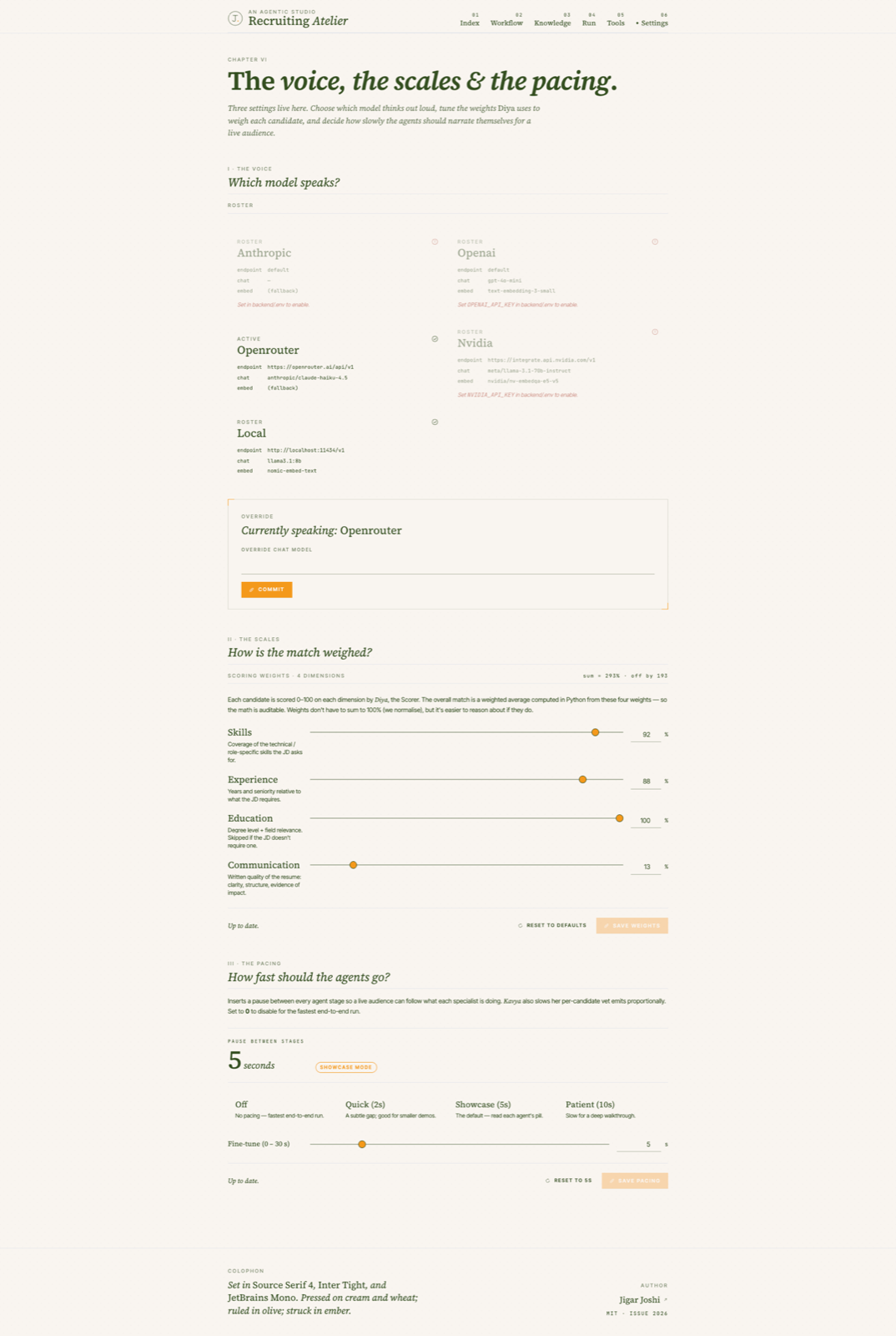 Settings page with provider grid, scoring weight sliders, and pacing presets