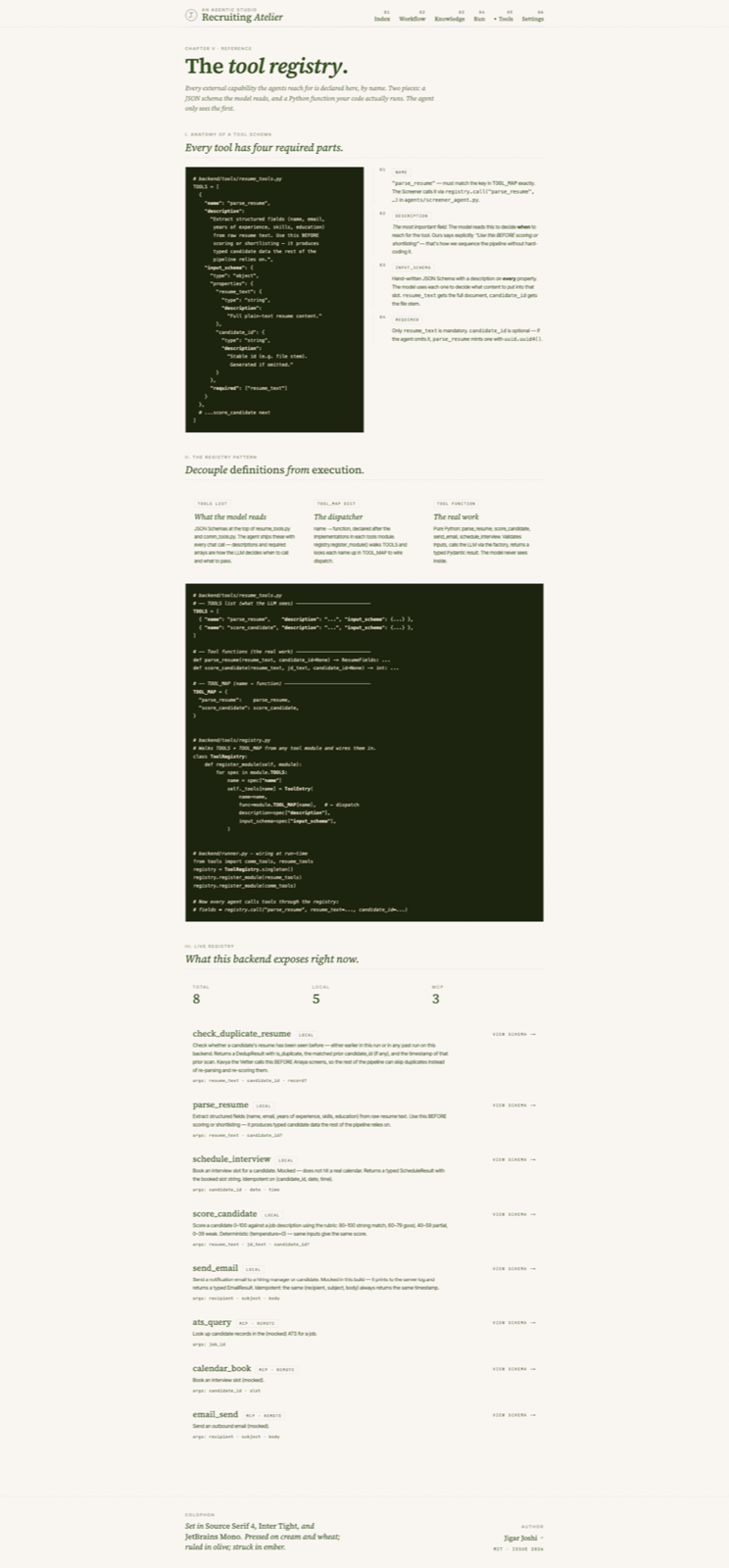 Tool registry page showing anatomy of a schema, the registry pattern, and the live tool list