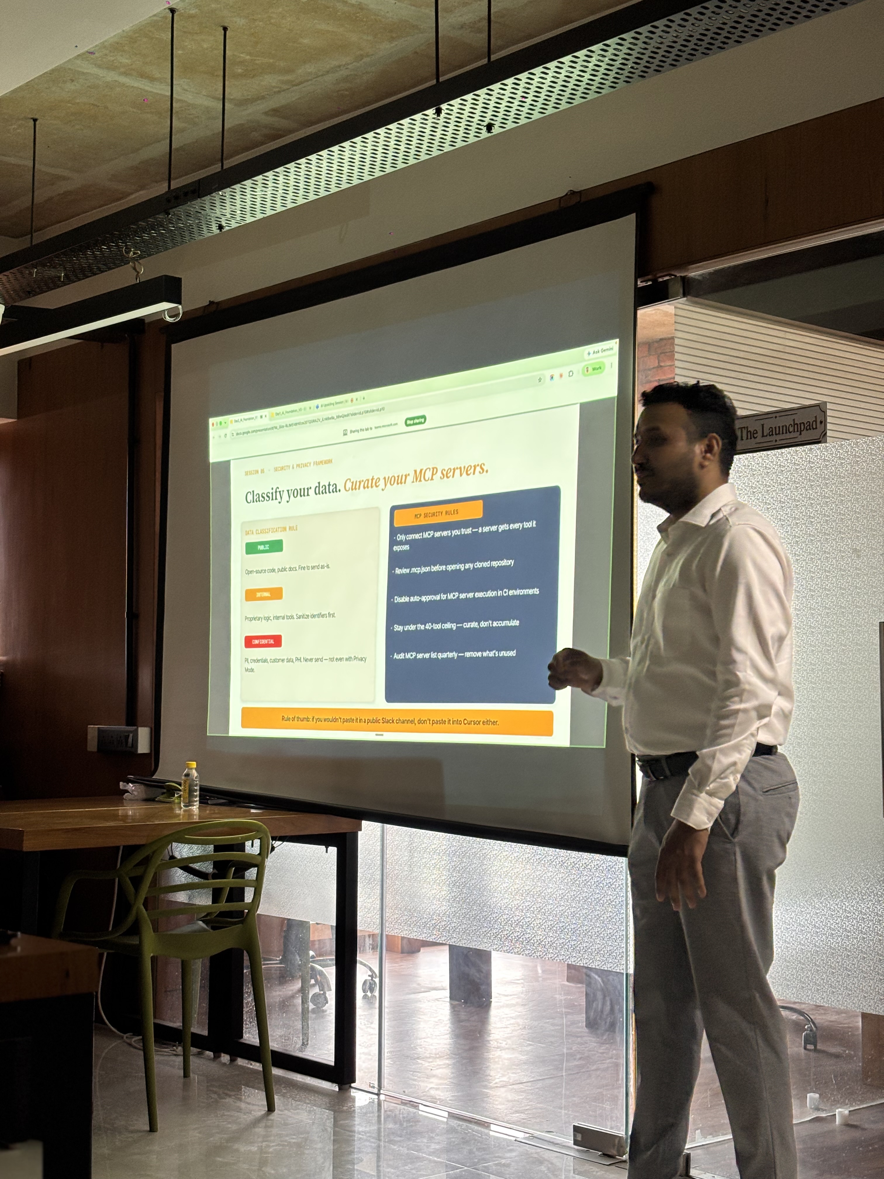 Jigar Joshi walking through MCP security rules at 200OK Solutions corporate training Ahmedabad