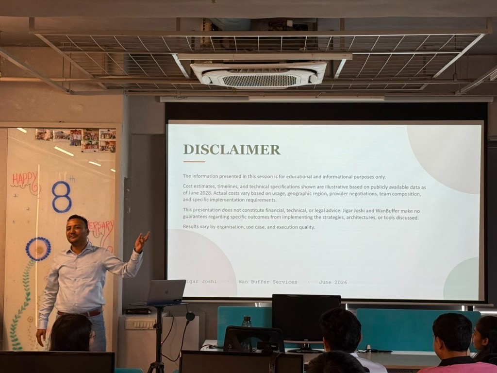 Jigar Joshi presenting the disclaimer slide at Agile Network India AI Beyond Automation meetup in Ahmedabad