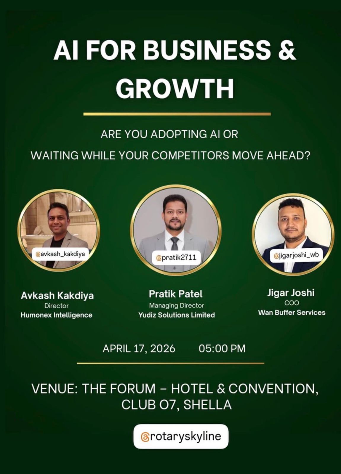 "AI for Business & Growth" panel poster — Avkash Kakdiya, Pratik Patel, and Jigar Joshi at Networkers Mahakumbh 2.0 Business Conclave 2026